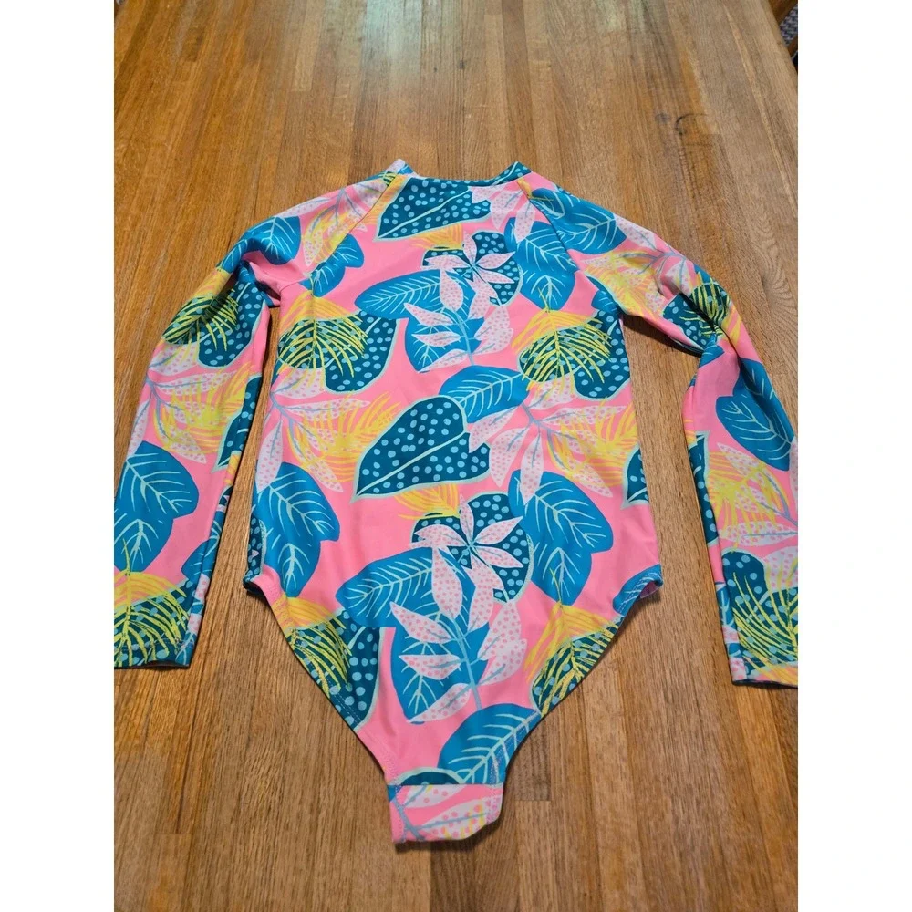 Girls 10 Floral Tropical Long Sleeve One Piece Rash Guard Zip Front Swimsuit